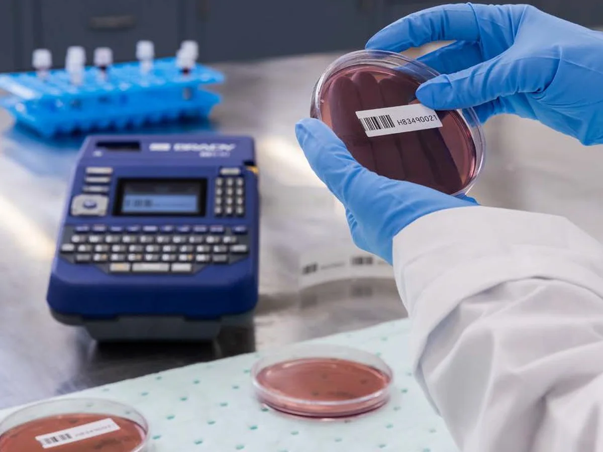 Etiqueta con código de barras aplicada sobre placa Petri para trazabilidad en microbiología