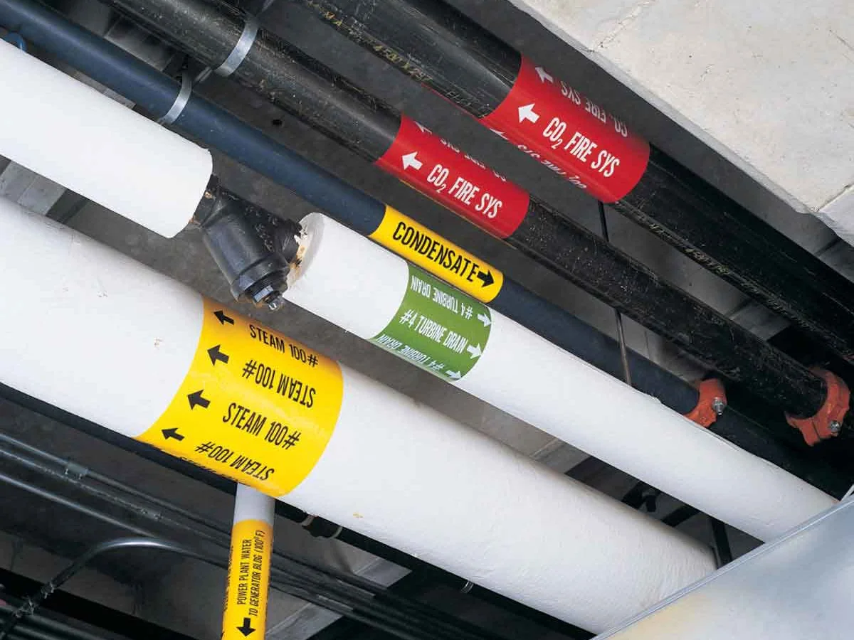 Marcadores de tuberías con códigos de color y flechas de flujo para vapor, CO2 y condensados